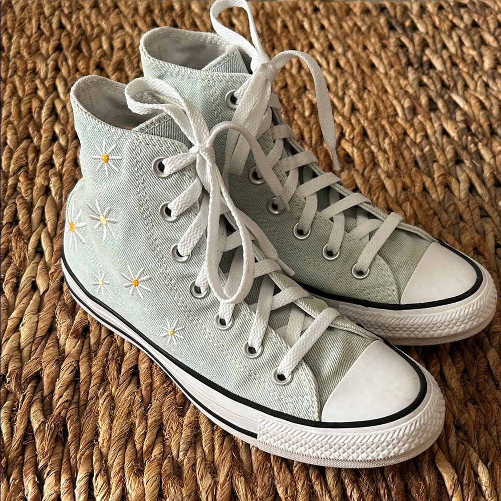 Converse Light Blue Denim High-Tops with Daisy Accents
